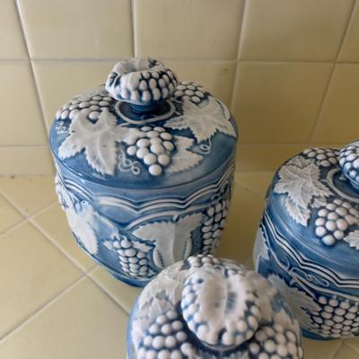 Blue and White (3) Grape Canisters