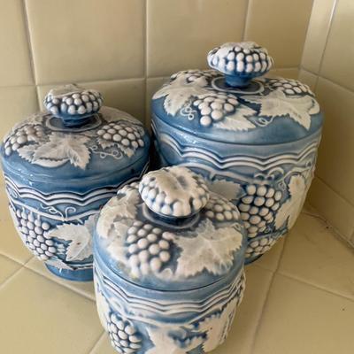 Blue and White (3) Grape Canisters