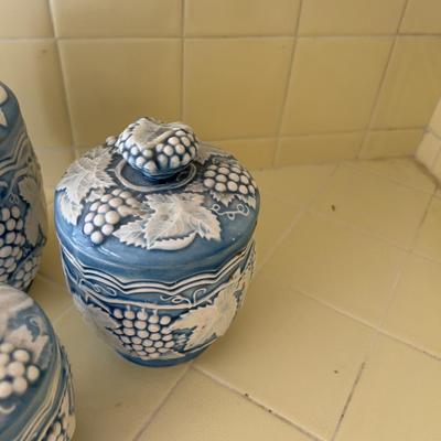 Blue and White (3) Grape Canisters