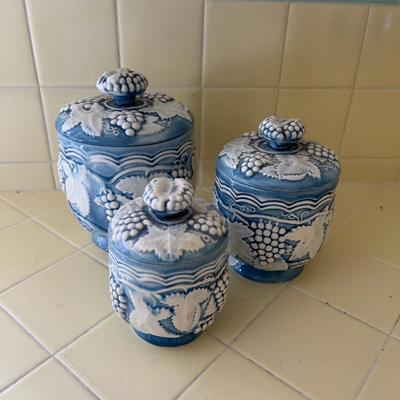 Blue and White (3) Grape Canisters