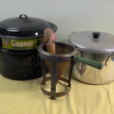 Multiple Canner and Preserver Pots Plus the Musher Strainer