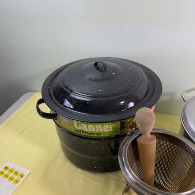Multiple Canner and Preserver Pots Plus the Musher Strainer
