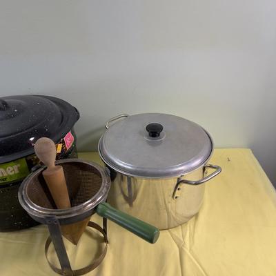 Multiple Canner and Preserver Pots Plus the Musher Strainer