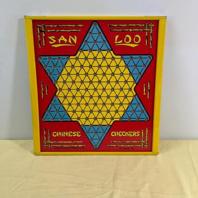 COOL Chinese Checker Card Board  with Metal Frame, VINTAGE, Has marbles and Checkers 