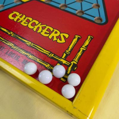 COOL Chinese Checker Card Board  with Metal Frame, VINTAGE, Has marbles and Checkers 