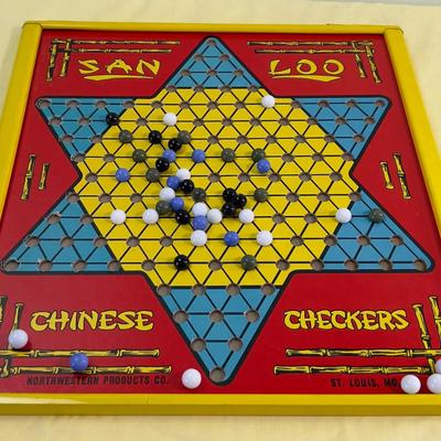 COOL Chinese Checker Card Board  with Metal Frame, VINTAGE, Has marbles and Checkers 