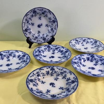 (6)Antique Flow Blue Soup Bowls J & C MEIKEN 