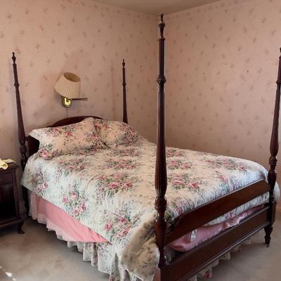 Mahogany 4 Poster Bed; Includes: Mattress and Beautiful Rose Bedding FULL  Size 54" Wide Bring Help to Move!!!!!!
