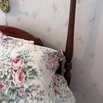 Mahogany 4 Poster Bed; Includes: Mattress and Beautiful Rose Bedding FULL  Size 54" Wide Bring Help to Move!!!!!!