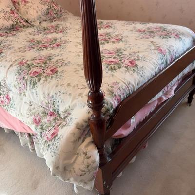 Mahogany 4 Poster Bed; Includes: Mattress and Beautiful Rose Bedding FULL  Size 54" Wide Bring Help to Move!!!!!!