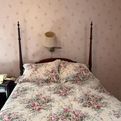 Mahogany 4 Poster Bed; Includes: Mattress and Beautiful Rose Bedding FULL  Size 54" Wide Bring Help to Move!!!!!!