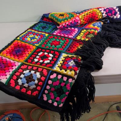 Black Granny Square Throw WOW!!! With Fringe