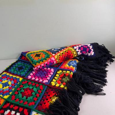 Black Granny Square Throw WOW!!! With Fringe