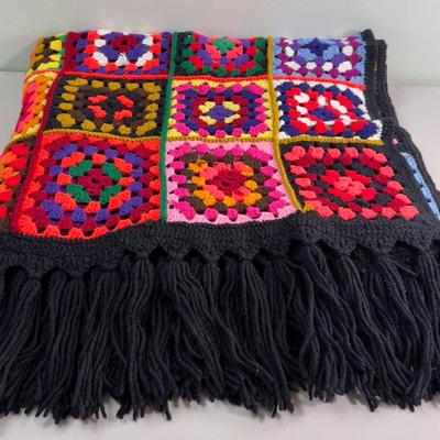 Black Granny Square Throw WOW!!! With Fringe