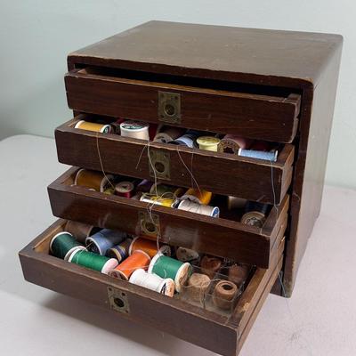 Wood Sewing Box full of Thread 