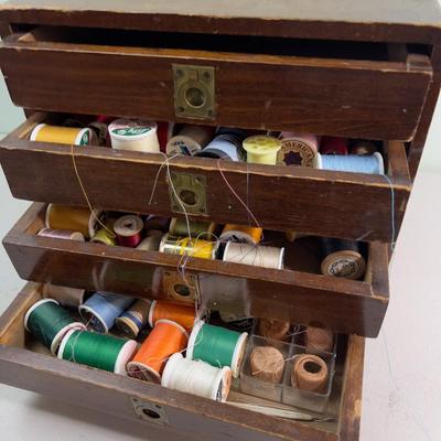 Wood Sewing Box full of Thread 