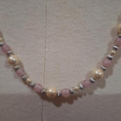 Sale Photo Thumbnail #160: Necklace by Napier of Faux pearls, pink and silver tone beads