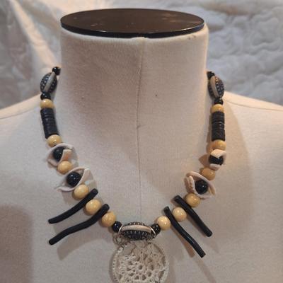 Sale Photo Thumbnail #185: Handcrafted dream catcher necklace with beaded choker, crocheted web and black feathers