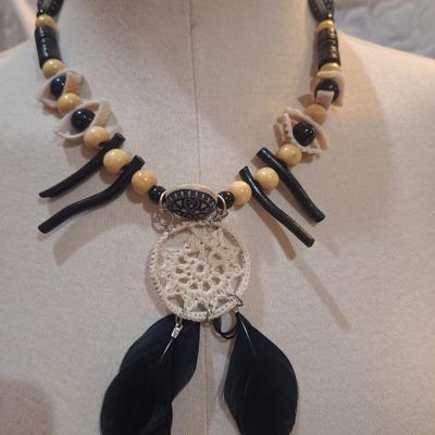 Sale Photo Thumbnail #184: Handcrafted dream catcher necklace with beaded choker, crocheted web and black feathers