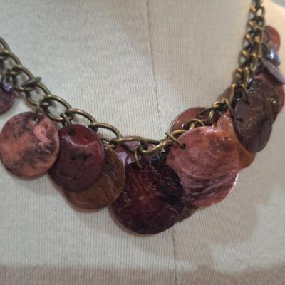 Sale Photo Thumbnail #198: vintage pink Capiz shell coin disc collar statement necklace with matching earrings.