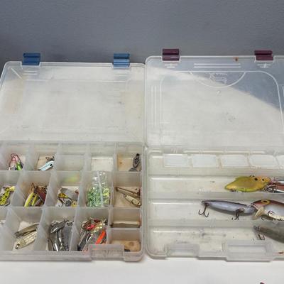 Fishing lures in 2 plastic organizers