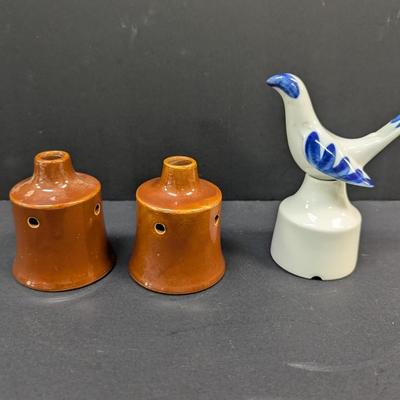Sale Photo Thumbnail #1448: Vintage 2 Piece Royal Worcester Blue & White Bird Pie Funnel  & Nutbrown Pie Funnels