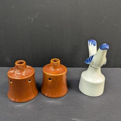 Sale Photo Thumbnail #1449: Vintage 2 Piece Royal Worcester Blue & White Bird Pie Funnel  & Nutbrown Pie Funnels