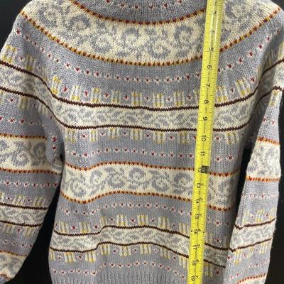 Grey/blue with yellow and red hand made wool sweater