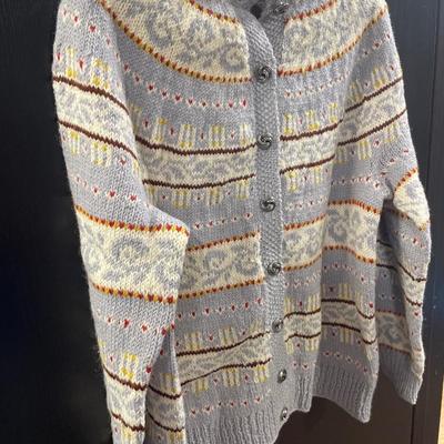 Grey/blue with yellow and red hand made wool sweater