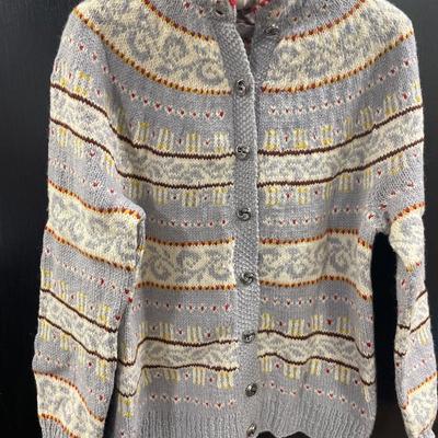 Grey/blue with yellow and red hand made wool sweater