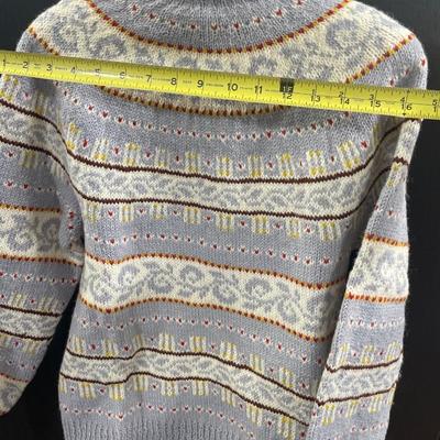Grey/blue with yellow and red hand made wool sweater