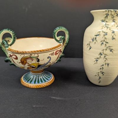 Sale Photo Thumbnail #1489: Antique Hand Painted Italian Certosa Di Firenze Monastery Cup Marked & Hand Painted Flower Vase Signed