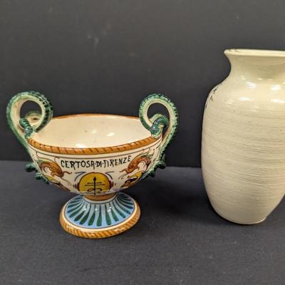 Sale Photo Thumbnail #1490: Antique Hand Painted Italian Certosa Di Firenze Monastery Cup Marked & Hand Painted Flower Vase Signed