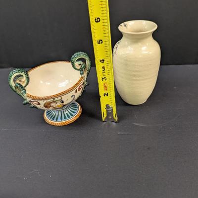 Sale Photo Thumbnail #1499: Antique Hand Painted Italian Certosa Di Firenze Monastery Cup Marked & Hand Painted Flower Vase Signed
