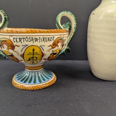 Sale Photo Thumbnail #1491: Antique Hand Painted Italian Certosa Di Firenze Monastery Cup Marked & Hand Painted Flower Vase Signed