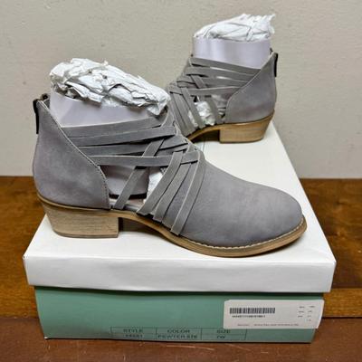 Sale Photo Thumbnail #303: Light gray (pewter) color, new in original box (unworn). Zipper closure at back of heel, see photos.