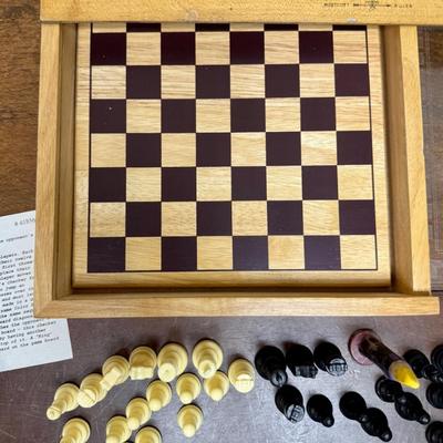 Sale Photo Thumbnail #319: Sliding clear plastic cover.  Includes pieces for checkers and chess (missing the black queen).  Also included is a small hinged lid Tic-Tac-Toe box with 10 pieces.