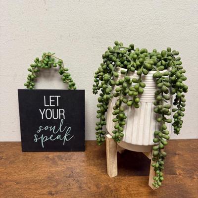 Home Decor Lot - Artificial Potted Plant and Wall Sign