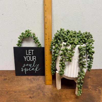 Home Decor Lot - Artificial Potted Plant and Wall Sign