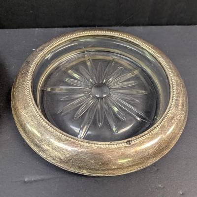 Sale Photo Thumbnail #1540: Sterling Silver Wine Salver With Etched Glass Center & Brass Plant Stand