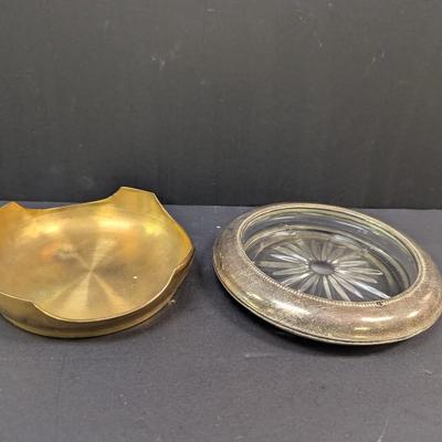 Sale Photo Thumbnail #1539: Sterling Silver Wine Salver With Etched Glass Center & Brass Plant Stand
