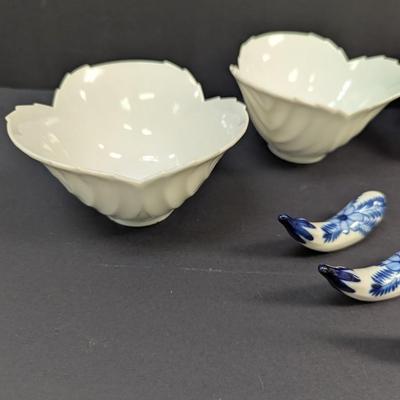 Sale Photo Thumbnail #1557: Belleek Style White Glazed Bowls - Porcelain Chopstick Holders