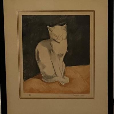 Jacques Nam Signed Aquatint "Contented White Cat"