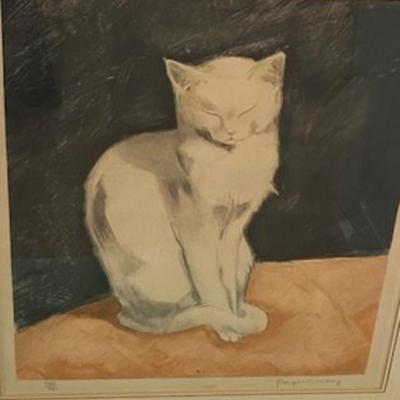 Jacques Nam Signed Aquatint "Contented White Cat"