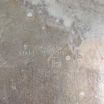 Sale Photo Thumbnail #3066: Poole Silver Co. 526 - Antique Silver Over Copper Tray - English Silver MFG Corp Engraved Oval Platter