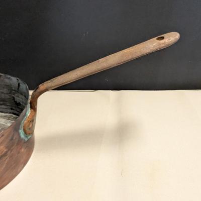 Sale Photo Thumbnail #1806: Vintage 1800's Hand-wrought Copper Pan With Riveted Handle