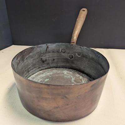 Sale Photo Thumbnail #1807: Vintage 1800's Hand-wrought Copper Pan With Riveted Handle