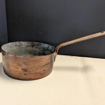 Sale Photo Thumbnail #1804: Vintage 1800's Hand-wrought Copper Pan With Riveted Handle