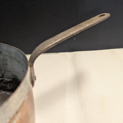 Sale Photo Thumbnail #1814: Vintage 1800's Hand-wrought Copper Pan With Riveted Handle