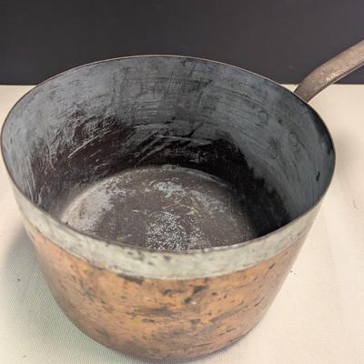 Sale Photo Thumbnail #1813: Vintage 1800's Hand-wrought Copper Pan With Riveted Handle